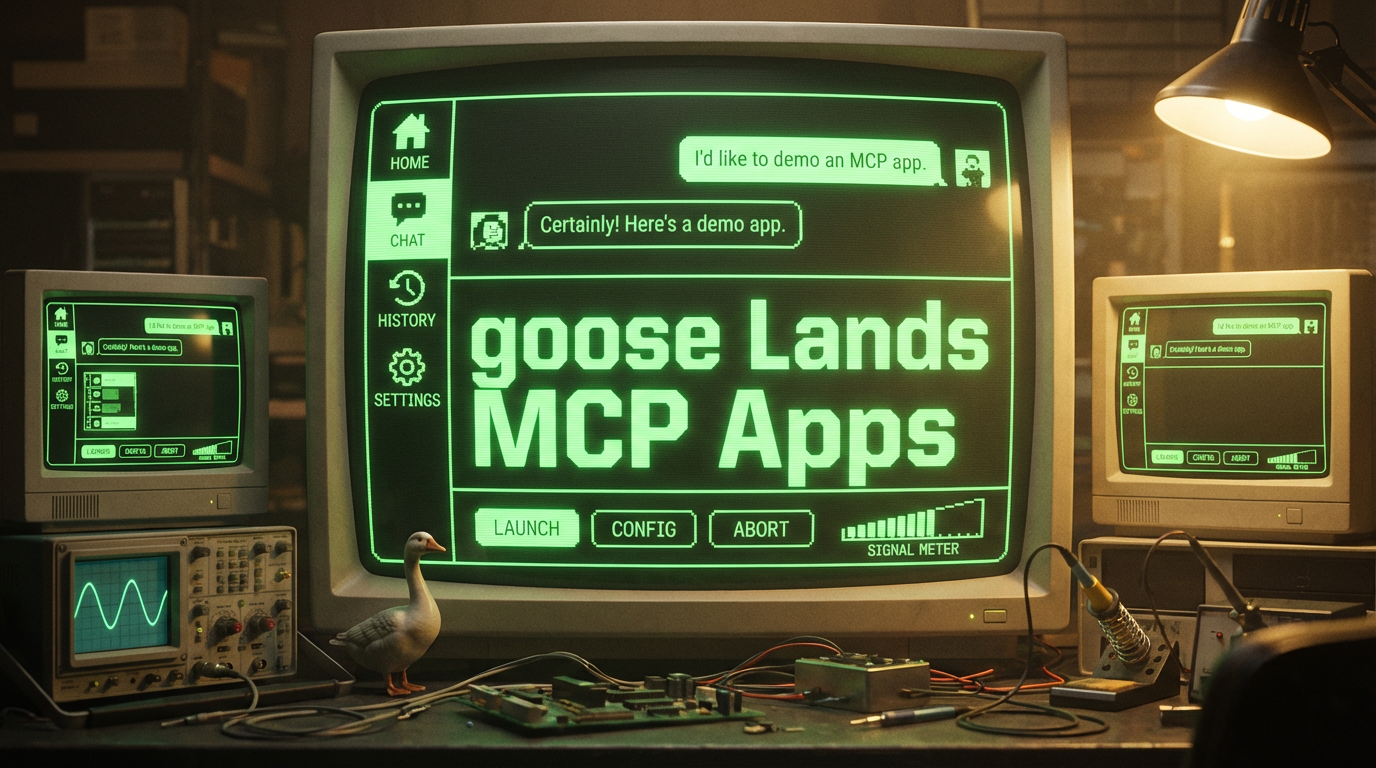 复古 1980 年代硬件实验室，三台 CRT 显示器以发光的绿色文字显示 “goose Lands MCP Apps”，桌上有一个小 goose 摆件