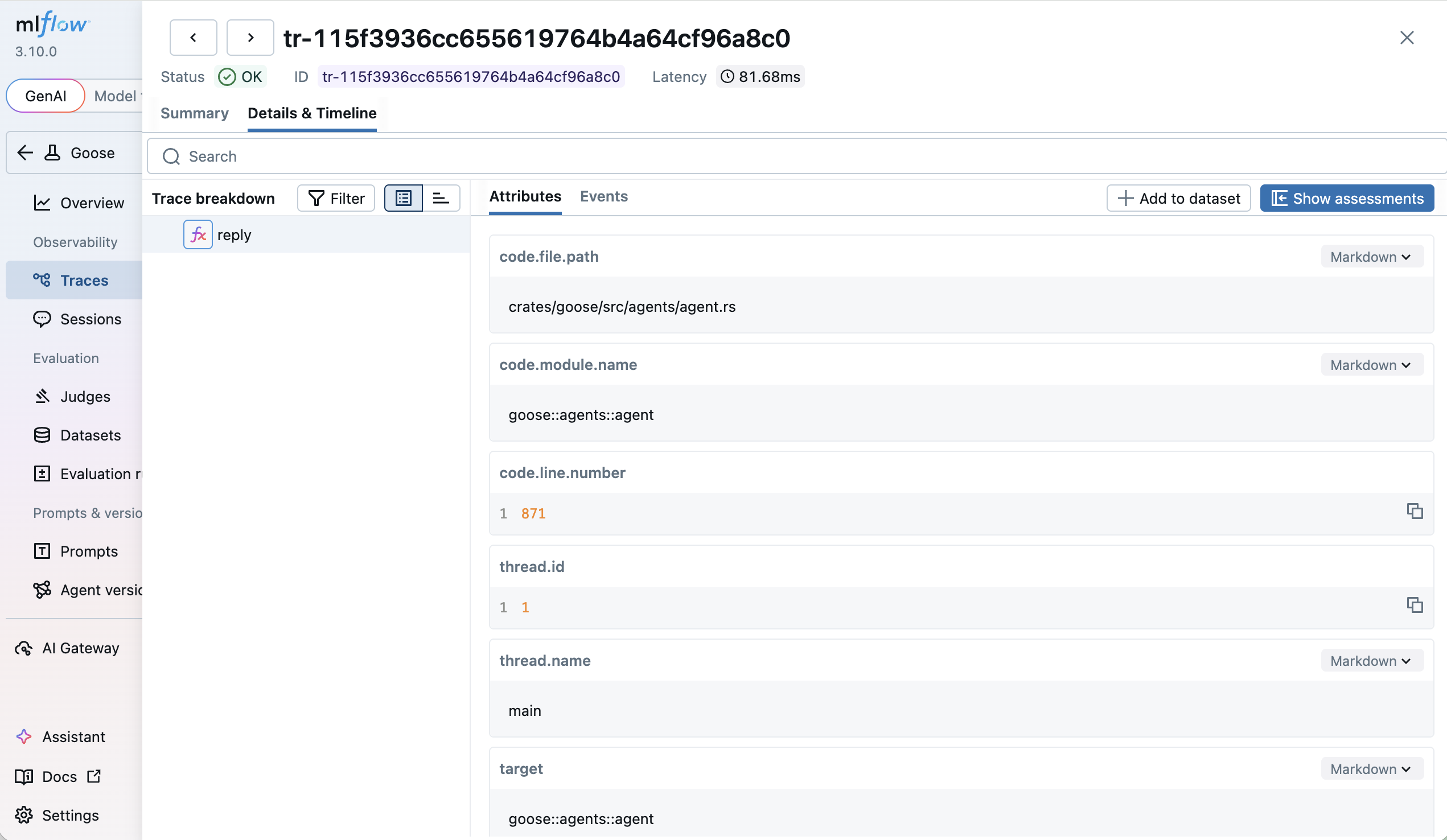 MLflow 中的 goose 追踪